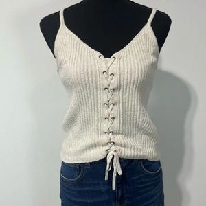 American Eagle lace-up ribbed sweater tank beige size small